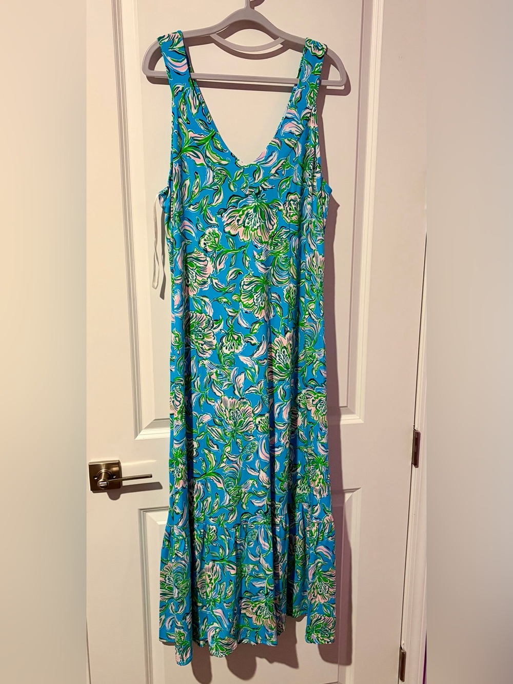 🩵💚Lilly Pulitzer Turquoise Madsen V-Neck Sleeveless Midi Dress With Belt. XL